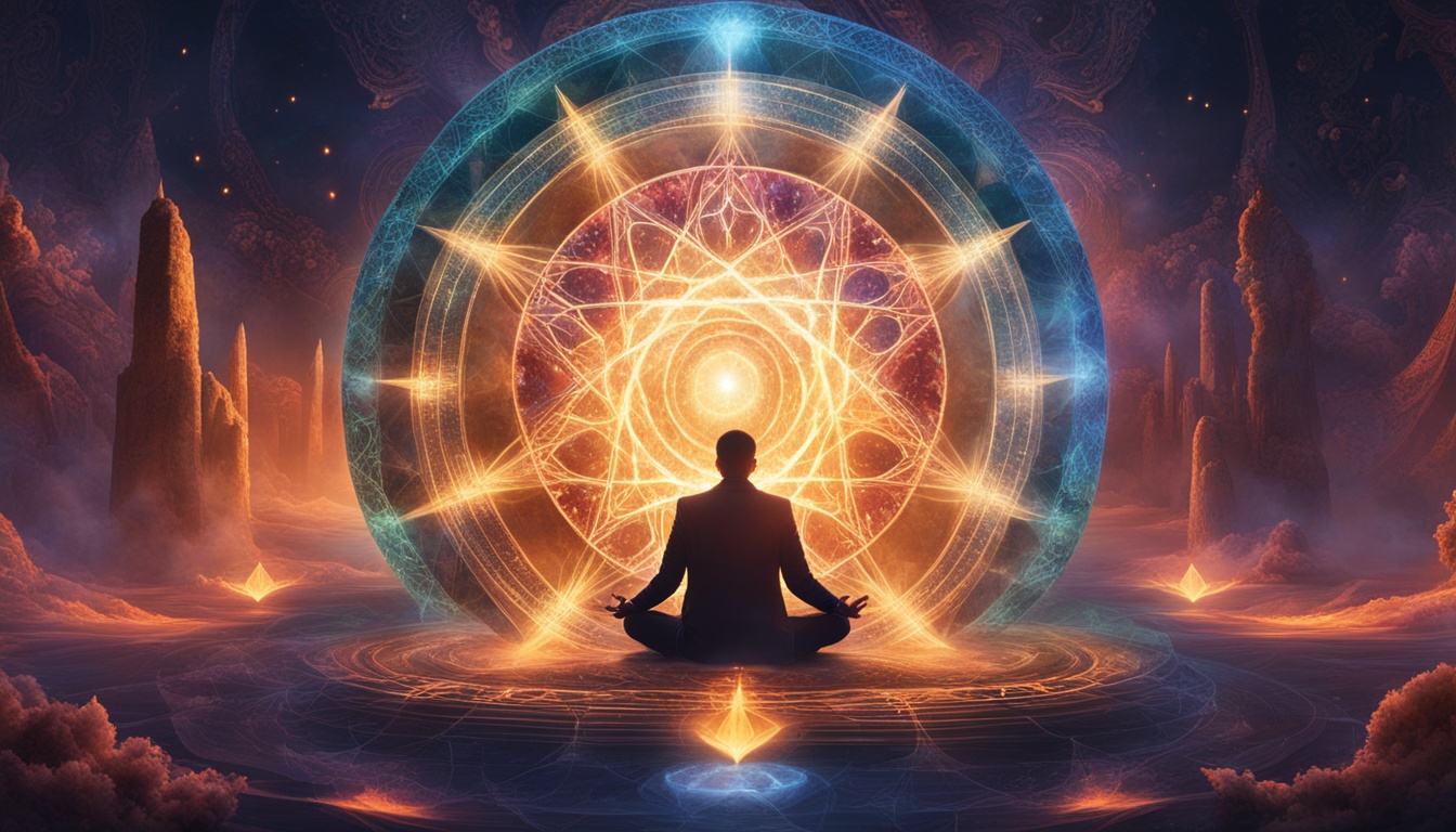 A person sitting cross-legged in front of a glowing orb, with their palms facing upwards, emanating a bright light. Surrounding them are different objects such as crystals, candles, and herbs, all contributing to the energy flow. In the background, there is a misty haze with swirling patterns and symbols, indicating the manifestation of the person's desire.