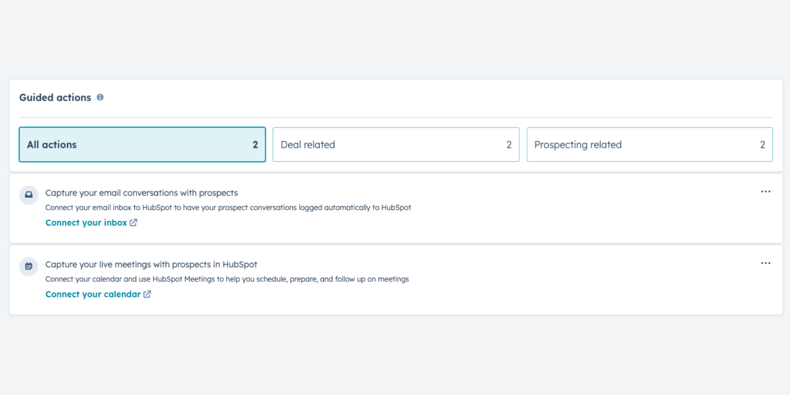 Image of the guided actions interface in HubSpot Sales Workspace, providing step-by-step recommendations for sales reps.