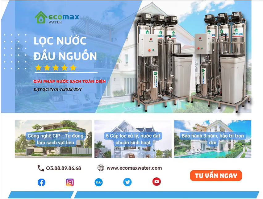 Hệ thống xử lý nước sinh hoạt, nguồn nước cấp Ecomax đầu nguồn cao cấp