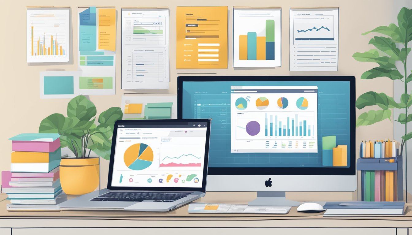 An organized desk with a computer showing Amazon seller account metrics, a checklist of account health strategies, and a chart displaying performance trends