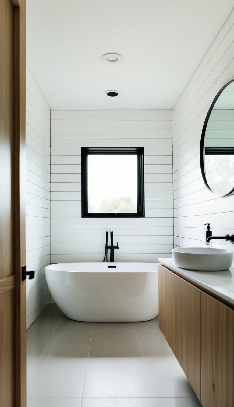 A modern bathroom with white shiplap walls, a sleek freestanding bathtub, and a large round mirror above a minimalist vanity