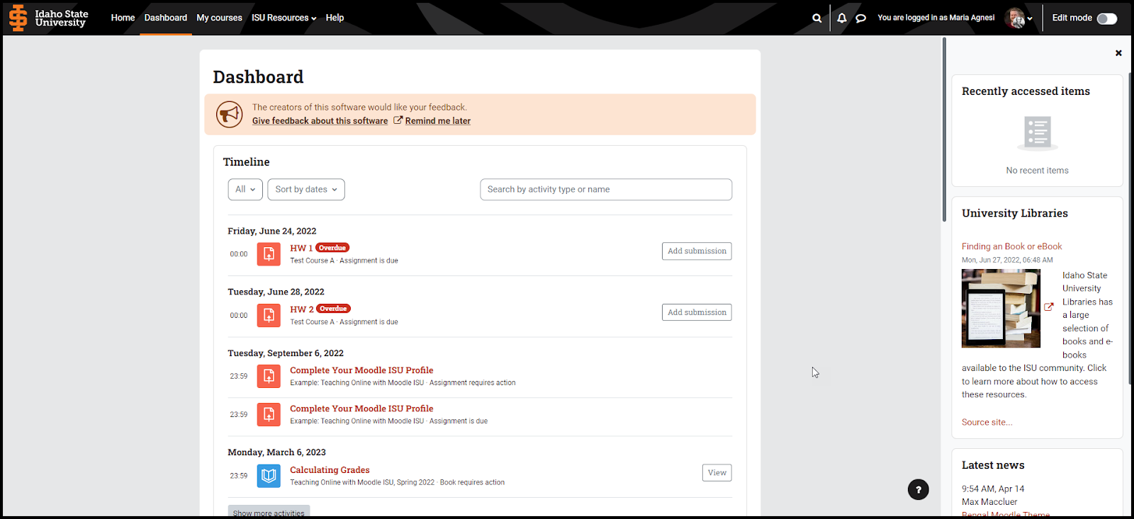 Shows the layout of the Dashboard page for Moodle ISU 4.0.