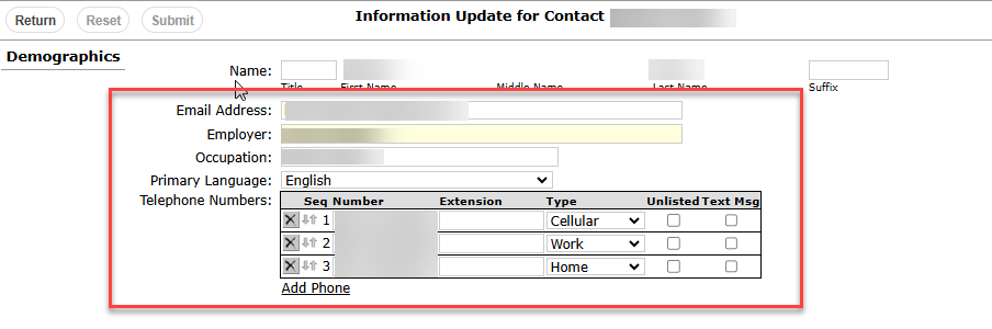 This image highlights what information can be updated by Parent/Guardians