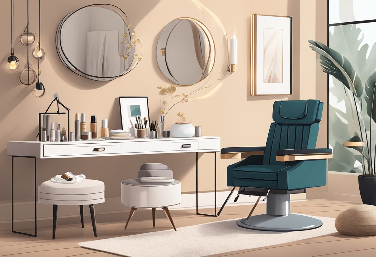 A serene salon setting with a cozy chair, soft lighting, and a variety of lash maintenance tools neatly arranged on a table