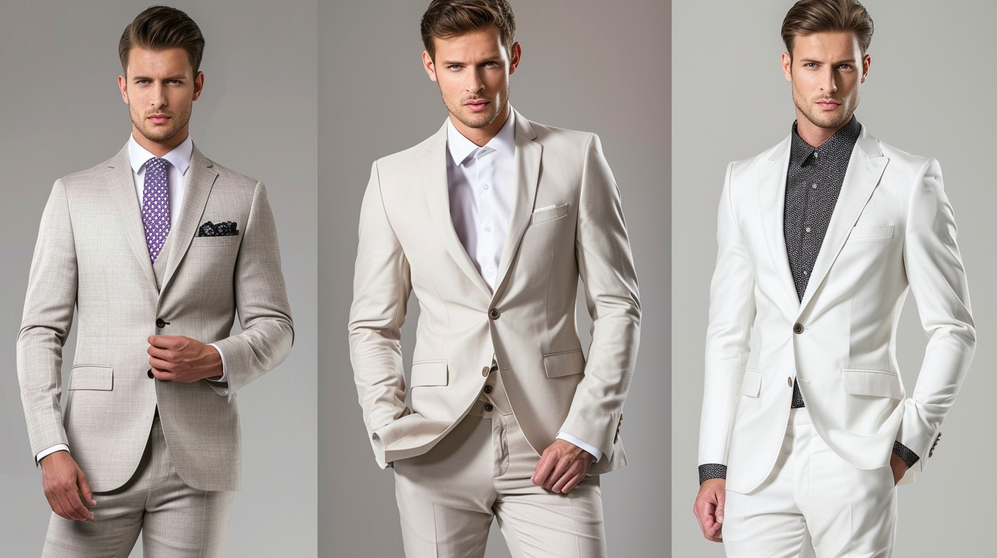 Design a standout prom look with a white, beige, or light grey suit. Style it with a black, pastel, or patterned shirt, and sharp shoes. Ideal for warm-weather events or anyone who wants a clean, high-impact appearance.