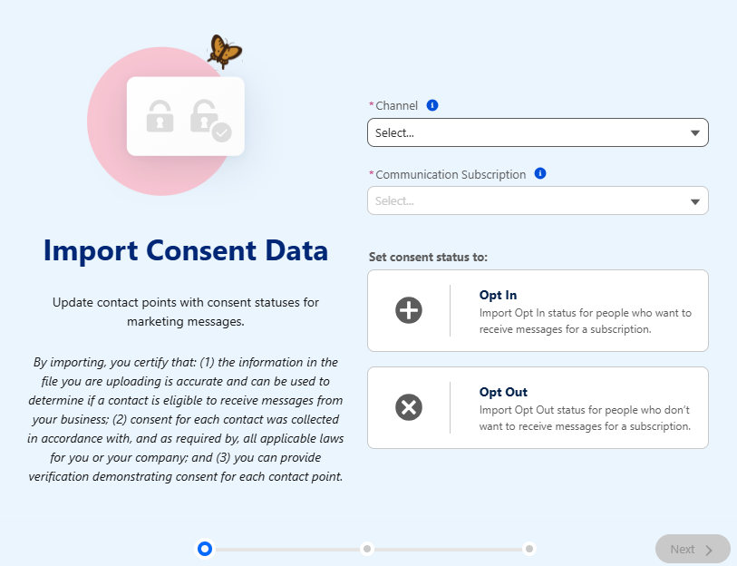 Screenshot of the import consent data screen in Marketing Cloud