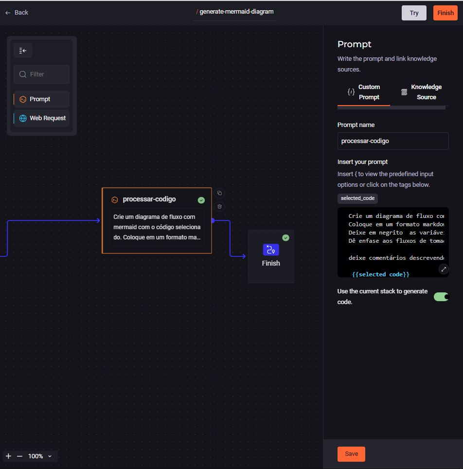 Imagem do artigo diagramas mermaid com menu lateral direito de edição do bloco de prompt contendo a opção de custom prompt e seleção de knowledge source, prompt name e uma caixa de texto para escrita do prompt. 