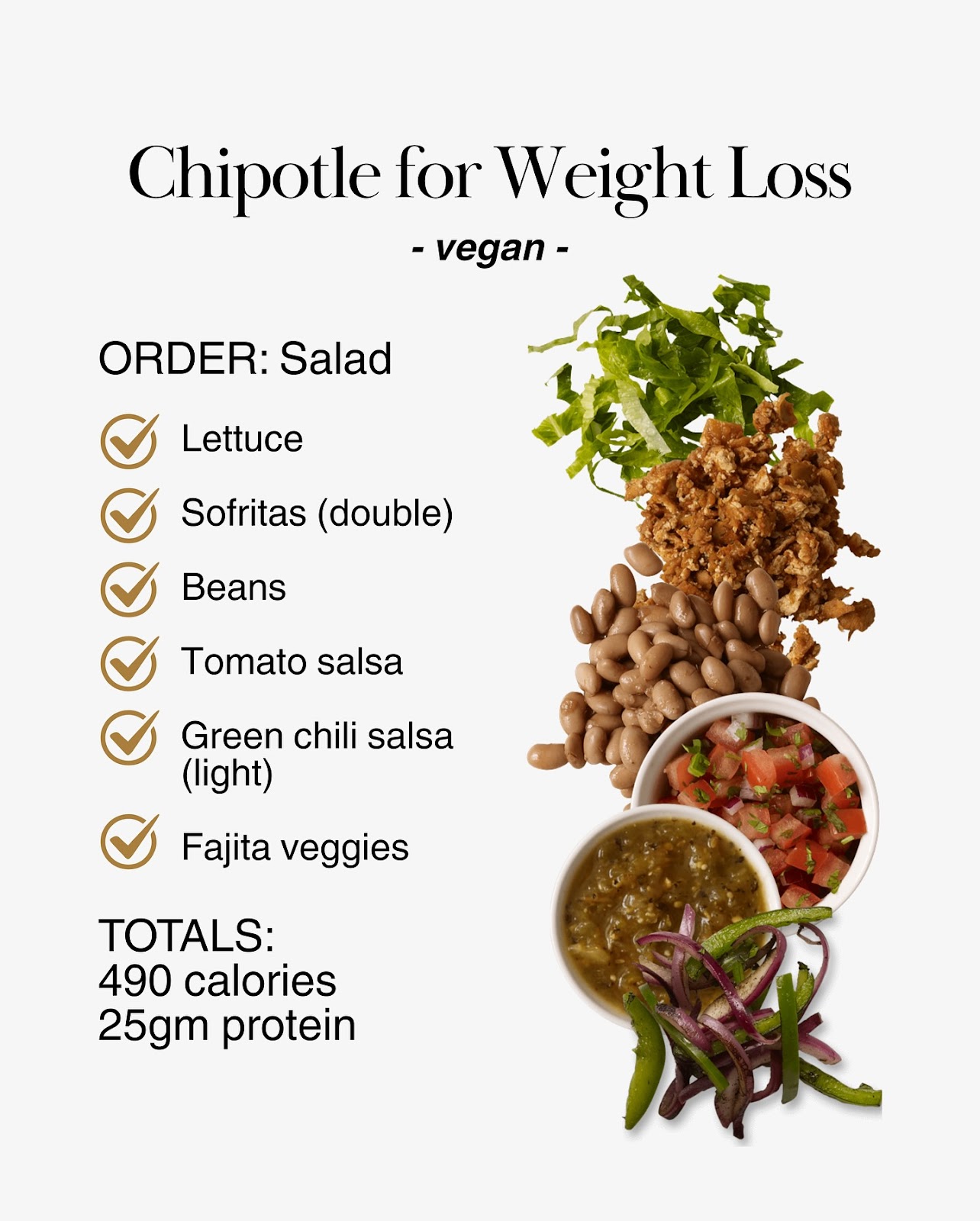 Vegan Chipotle salad with double sofritas, beans, tomato salsa, green salsa, and fajita veggies.