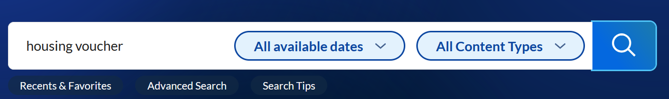 Search box from Nexis Uni with the words "housing voucher."  Shows options for including date limits and content type, but neither option are used.