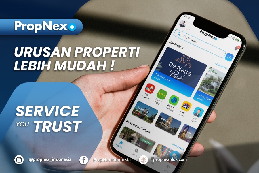  Tampilan aplikasi PropNex Indonesia di dua layar smartphone dengan ajakan "Ingin Konsultasi Seputar Properti?" serta informasi kontak Instagram, Facebook, dan situs resmi propnexplus.com.