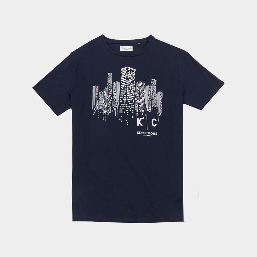 Man wearing a navy Armani Exchange t-shirt, showing fit