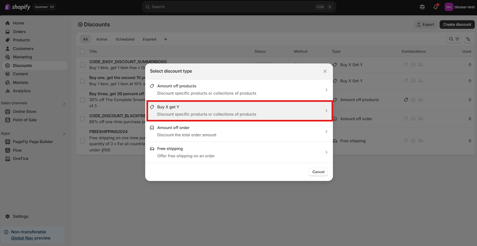 Set up shopify buy x get y discount with Default Built-in Tools