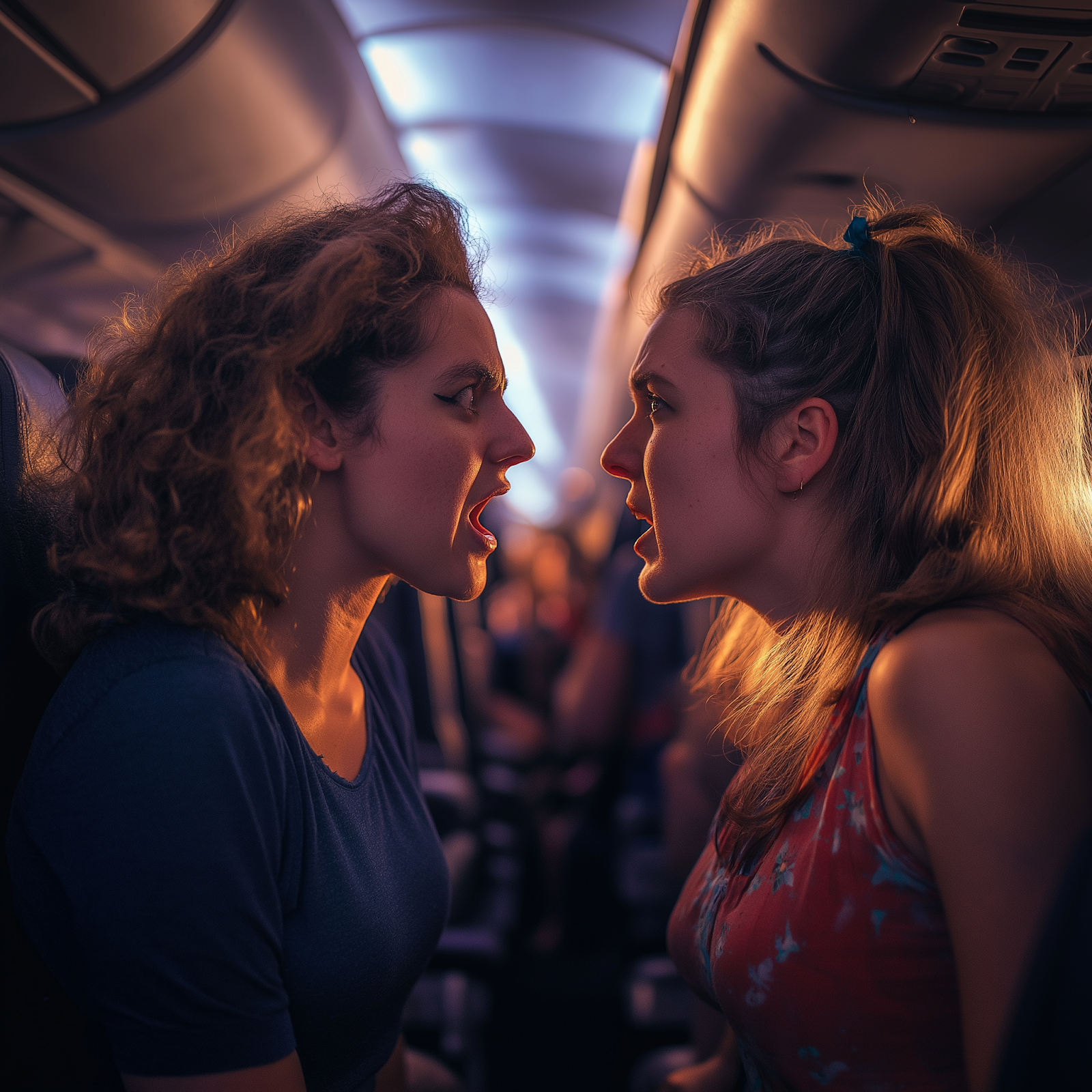 Two women arguing in an airplane | Source: Midjourney