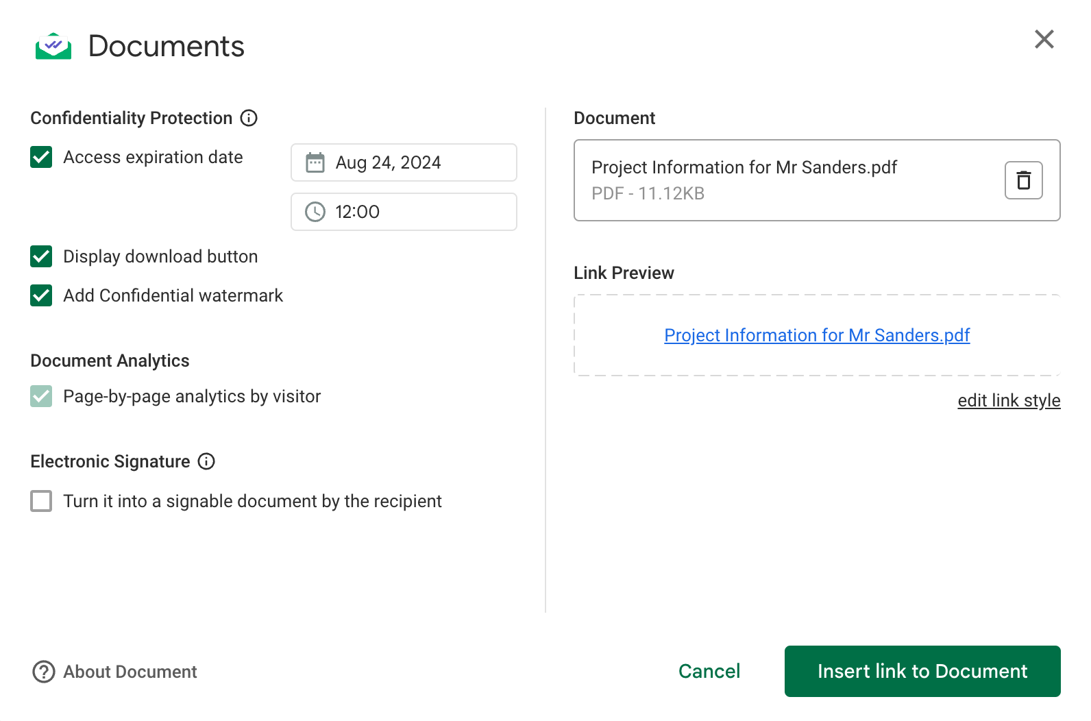 add an access expiration date, a download button, a confidential watermark, then click on Insert link to Document 