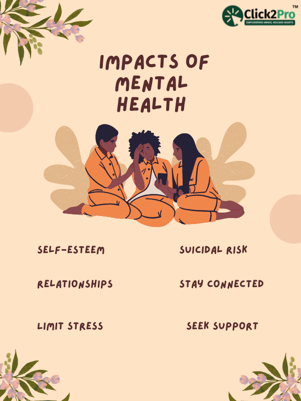 Illustration of three people comforting each other, showing impacts of mental health like self-esteem, stress, and support.