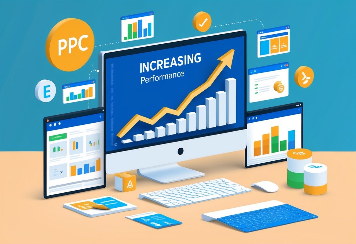 A computer screen displaying a graph of increasing PPC performance, surrounded by e-commerce product images and SEO keywords Zombie Digital