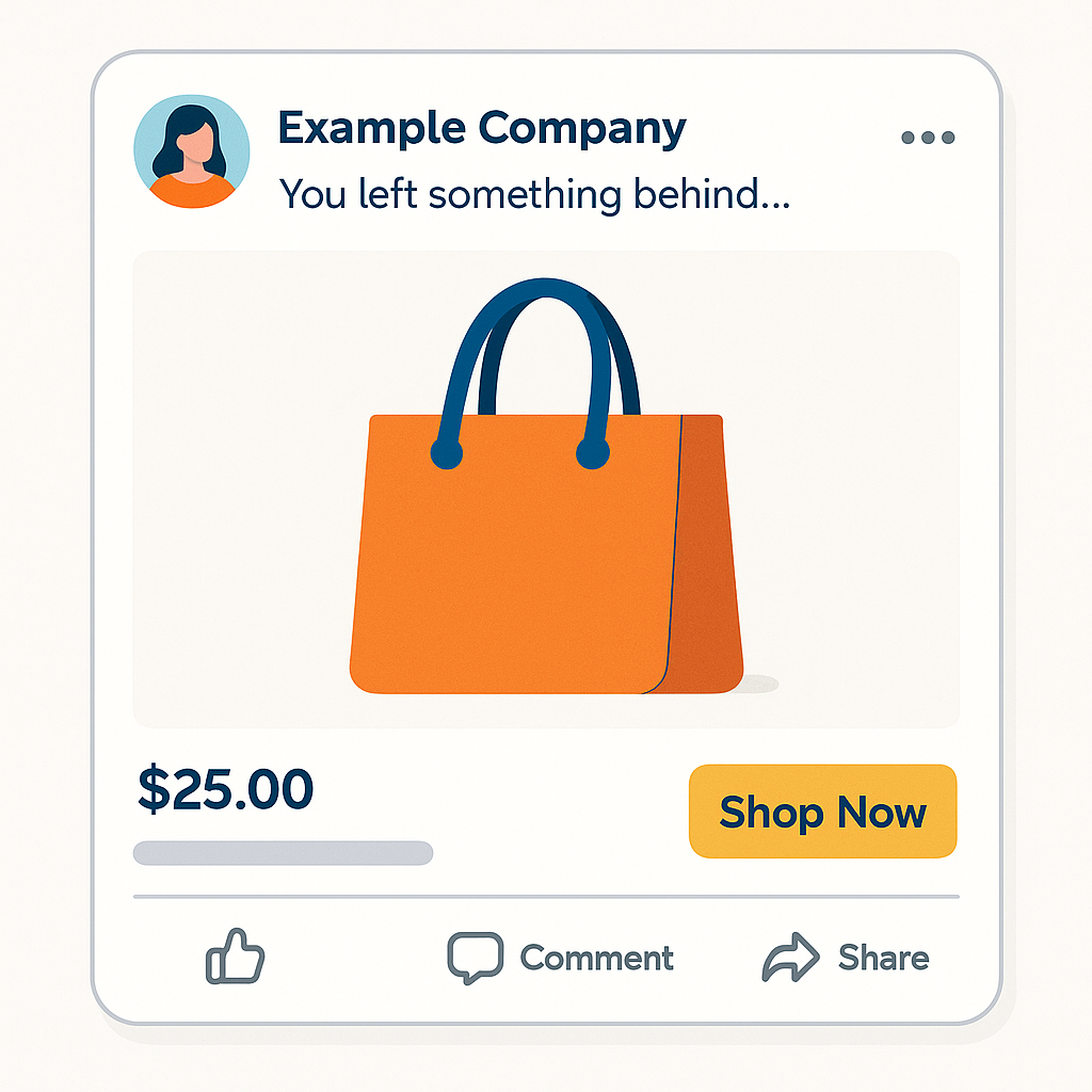 Illustrated ad with orange tote bag, price, and “Shop Now” button