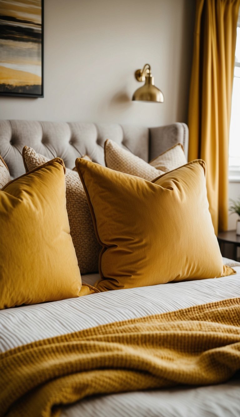 A cozy bedroom with golden hue throw pillows scattered on a bed and accenting the room's decor with a warm yellow color scheme