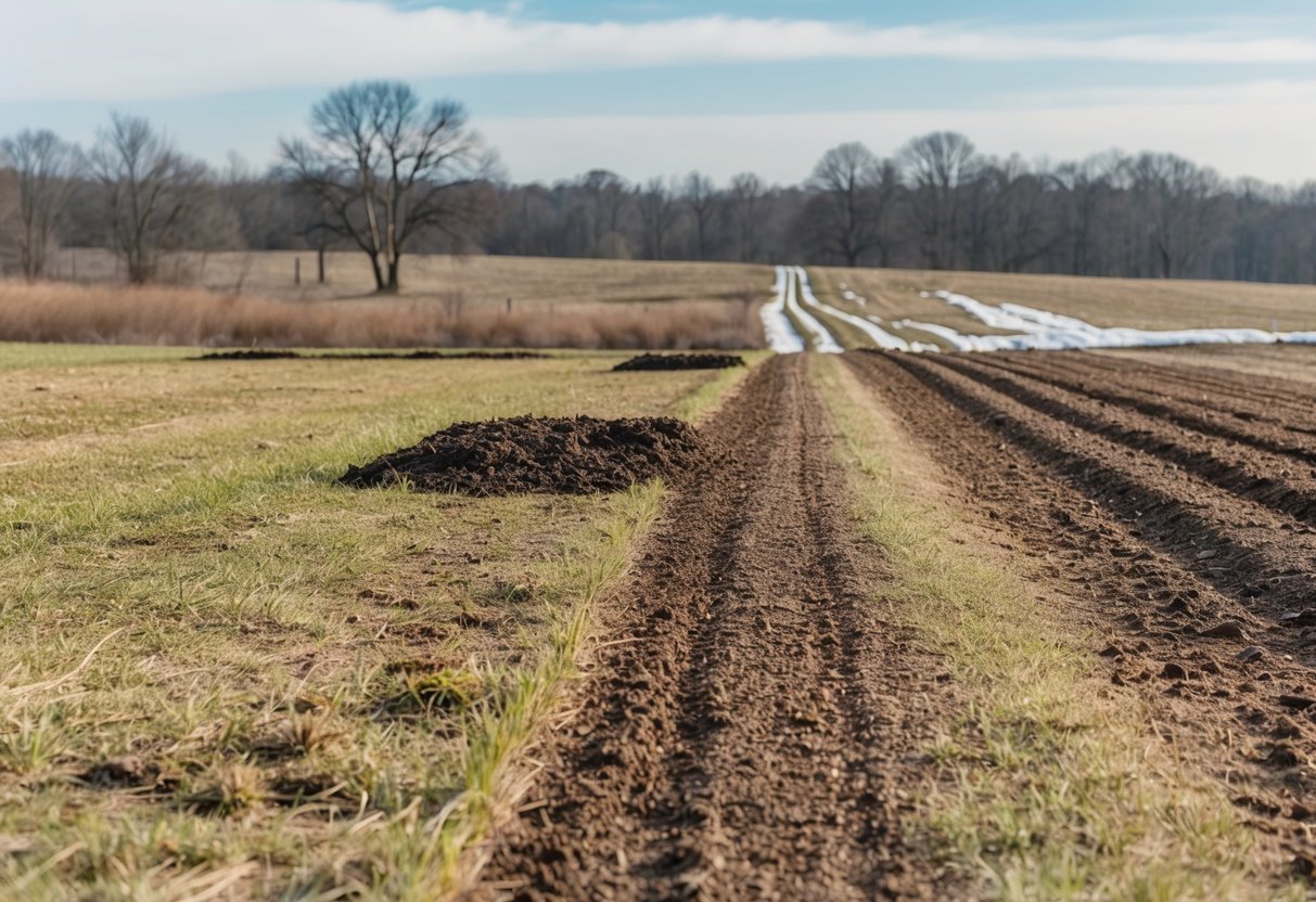 A barren winter landscape with patches of brown grass and bare trees. A small section of the ground is being seeded, while nearby, the same area is being seeded in the spring