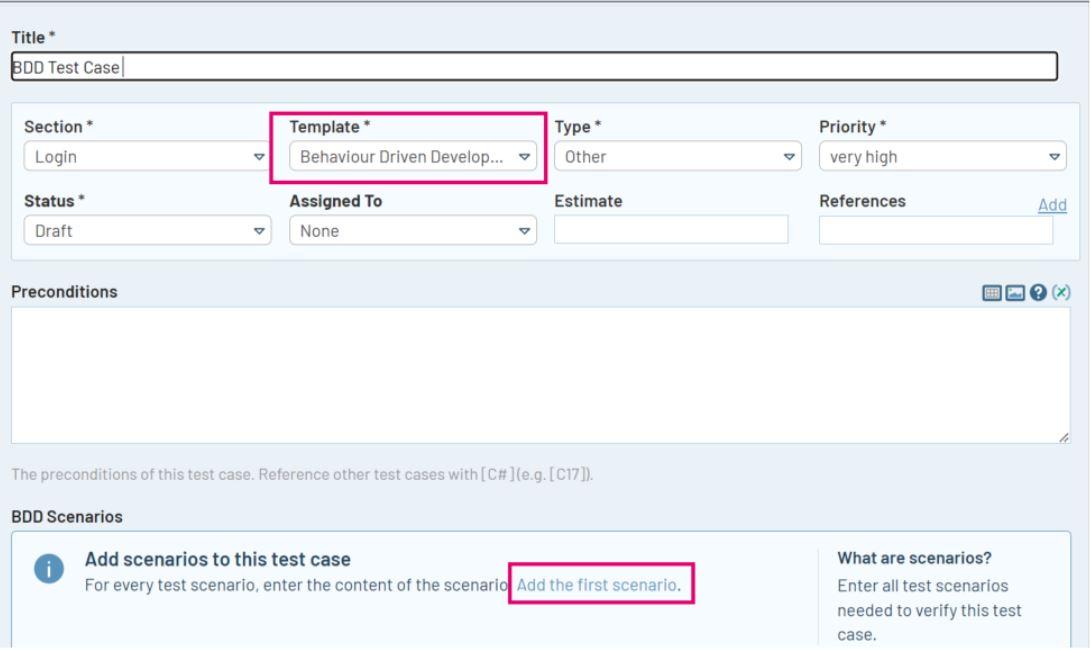 This template allows you to design and execute your BDD scenarios directly within TestRail. Users can also define tests as scenarios. Scenarios in BDD typically follow the Given-When-Then (GWT) format.