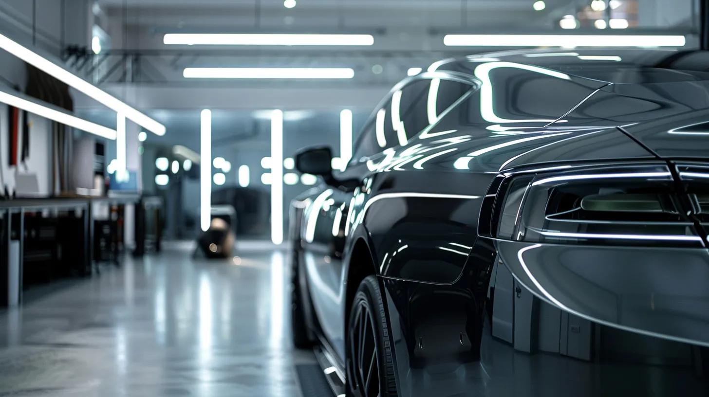 a sleek, modern vehicle gleams under bright showroom lighting, showcasing its pristine surface protected by a crystal-clear paint protection film, with a subtle soft-focus background of an urban garage filled with contemporary automotive tools.