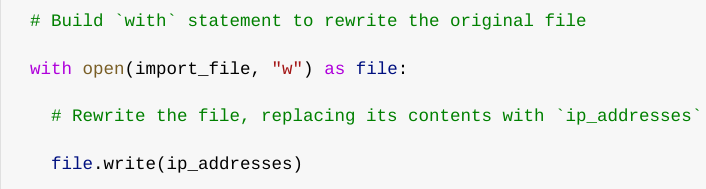 Screenshot of Python code that includes a with statement and the .write() method