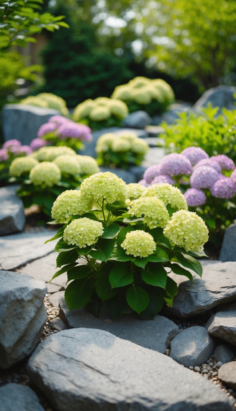 A serene rock garden with lush hydrangea bushes in bloom, surrounded by a tranquil atmosphere for Zen meditation