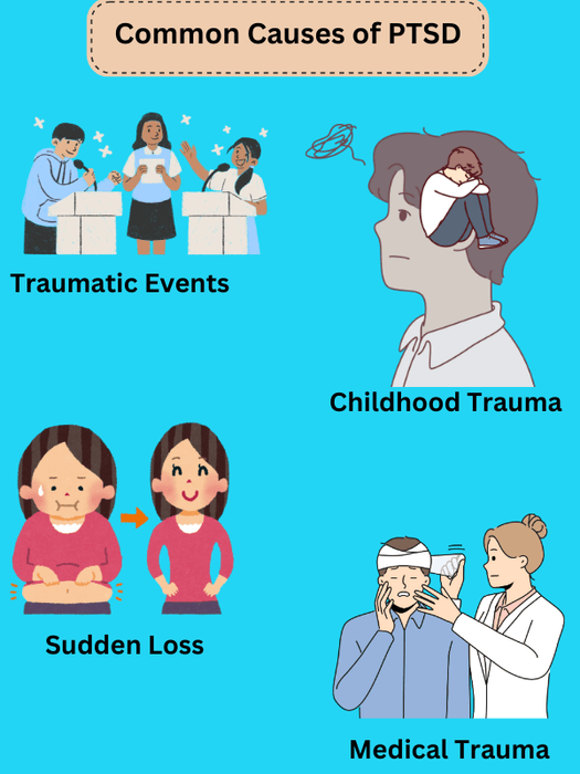 common PTSD causes: traumatic events, childhood trauma, sudden loss, and medical trauma.