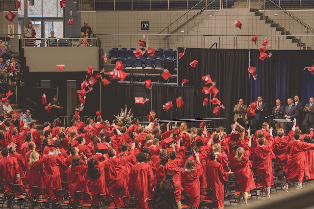 graduatin ceremony with everyone throwing their caps