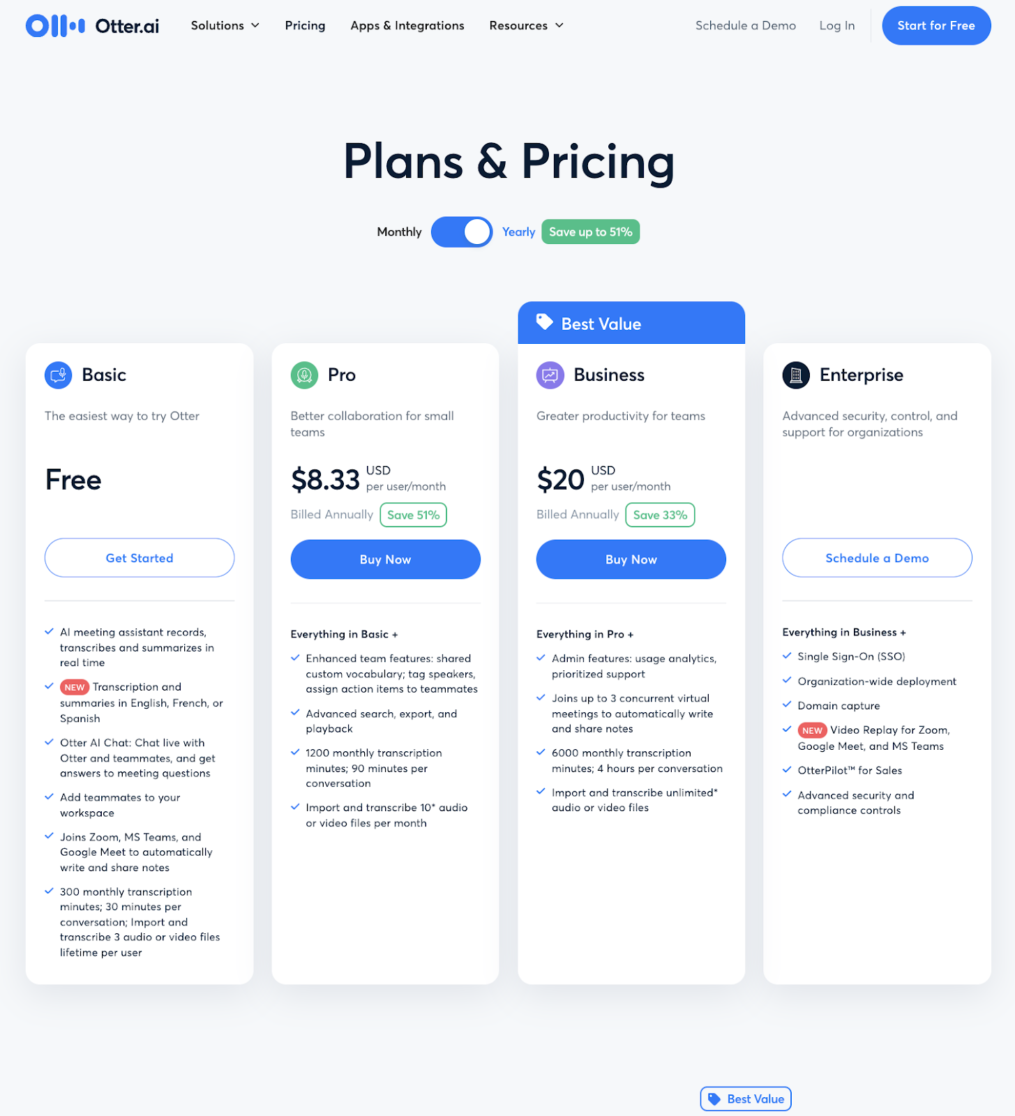 Otter AI's pricing tiers and plan features comparison