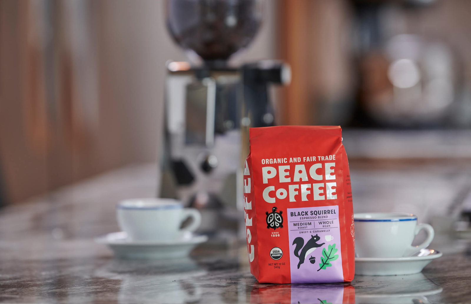 A red bag of Peace Coffee organic fair trade espresso on