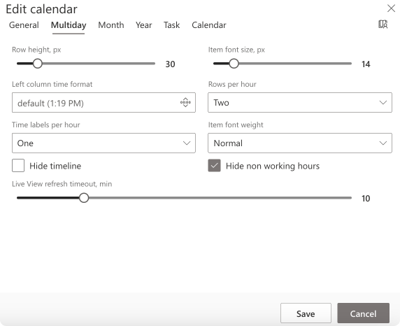  Changing multiday view settings in the “Multiday” tab in Virto Calendar. 