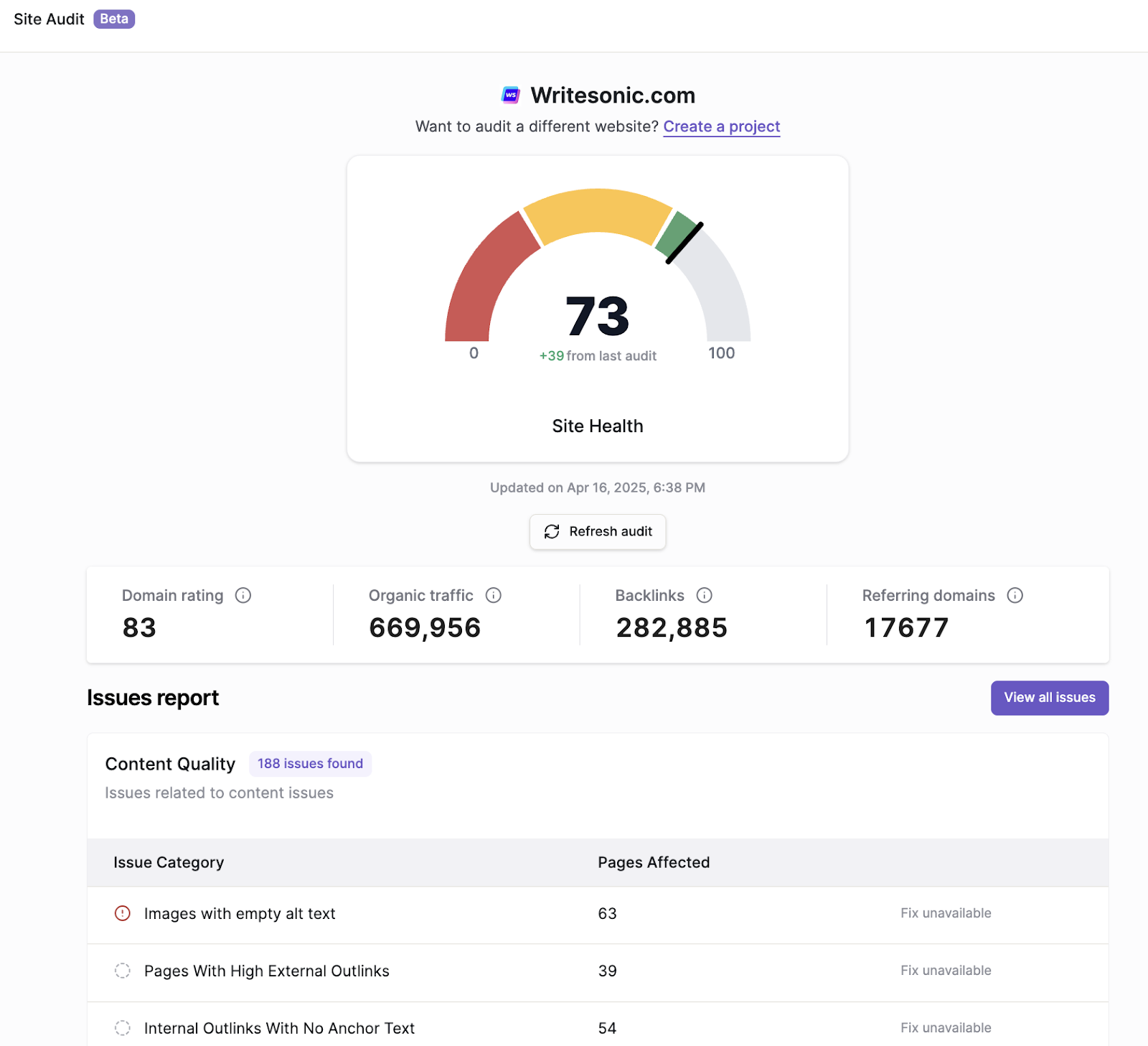Writesonic site audit tool