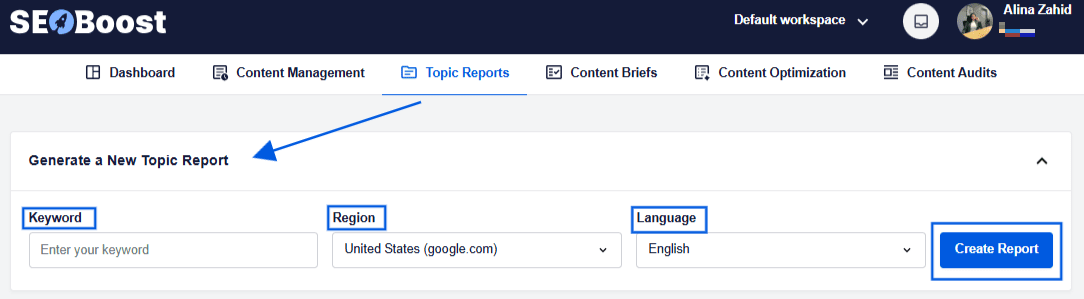 A snapshot of how to create a topic report in SEOBoost