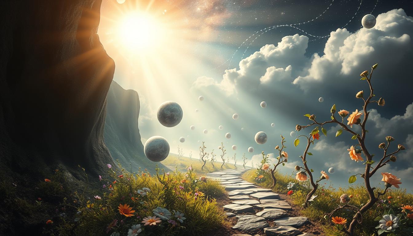 A surreal landscape blending elements of the cosmos and nature, featuring ethereal light beams illuminating a path lined with floating orbs representing thoughts and desires, intricately intertwined with vines and flowers symbolizing growth and potential, all set against a backdrop of dreamy clouds and a starry sky, evoking a sense of wonder and introspection about the power of manifestation.