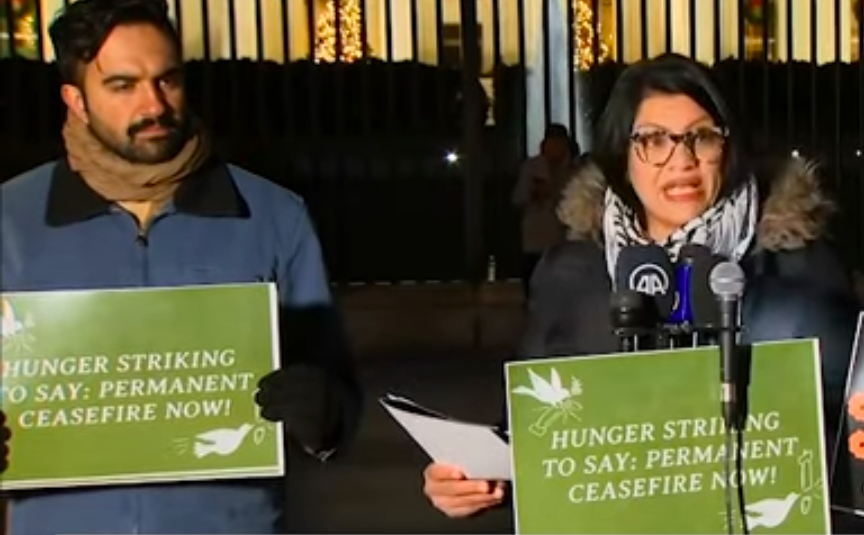 Rashida and Zohran hold signs at a vigil for Palestinian lives outside the White House