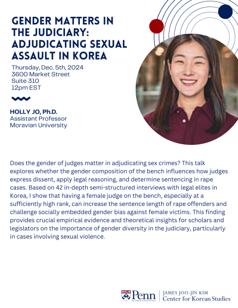 Dr. Holly Jo is giving a talk on Gender Matters in the Judiciary: Adjudicating Sexual Assault in Korea