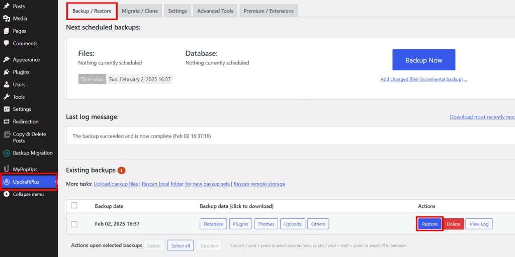 updraftplus backup restore