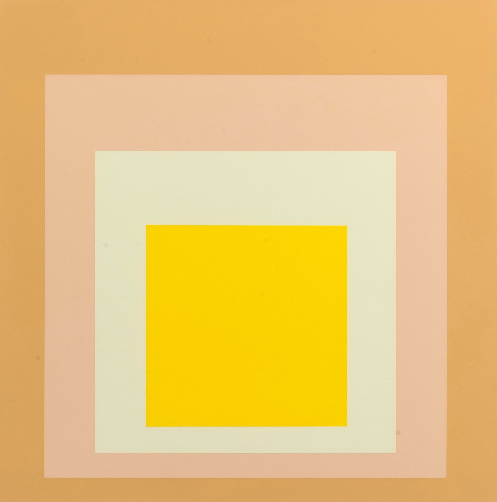 Image of artwork - Joseph Albers (American, b. Germany, 1888-1976)
SK-ED, 1972; Serigraph on paper (edition 43 of 100), 14 x 14 inches; 2023.9; Gift of Jeffrey L. Horrell '75 and Rodney F. Rose.

This work has four colors and is simplistic with four squares inside of each other from largest to smallest. The color patterns from largest to smallest are an orange/beige color, then a peach/lighter beige, then a yellow/cream color, with the inner square being a brighter yellow golden.