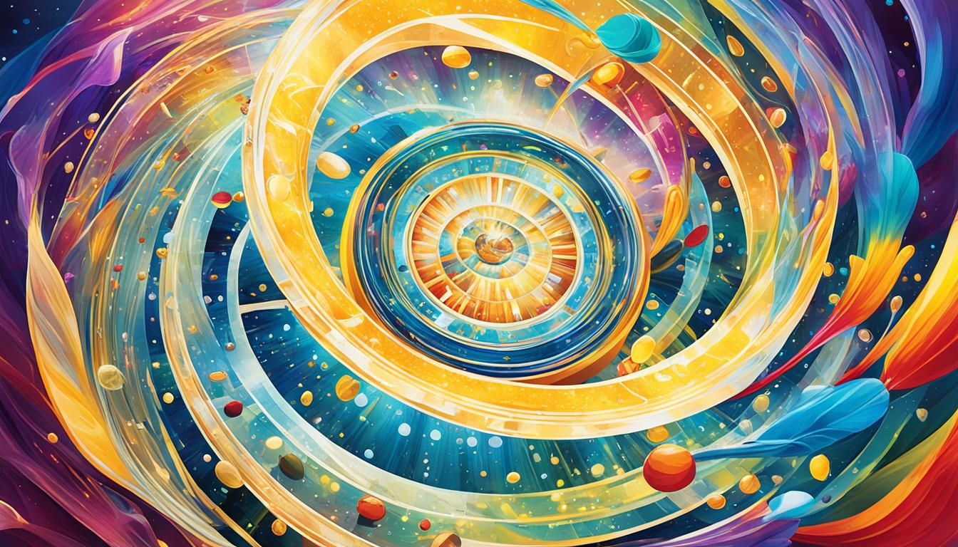 An abstract representation of the process of material manifestation, with colorful energy swirling and expanding outward from a central point. Symbols of abundance, such as gold coins and shimmering jewels, could appear amidst the energy. Visualize a clear path leading to the manifestation of material things, with perhaps an arrow or pathway leading towards a glowing aura representing success. The image should have a sense of movement, with the energy and symbols flowing together towards the ultimate goal of manifesting wealth and prosperity.