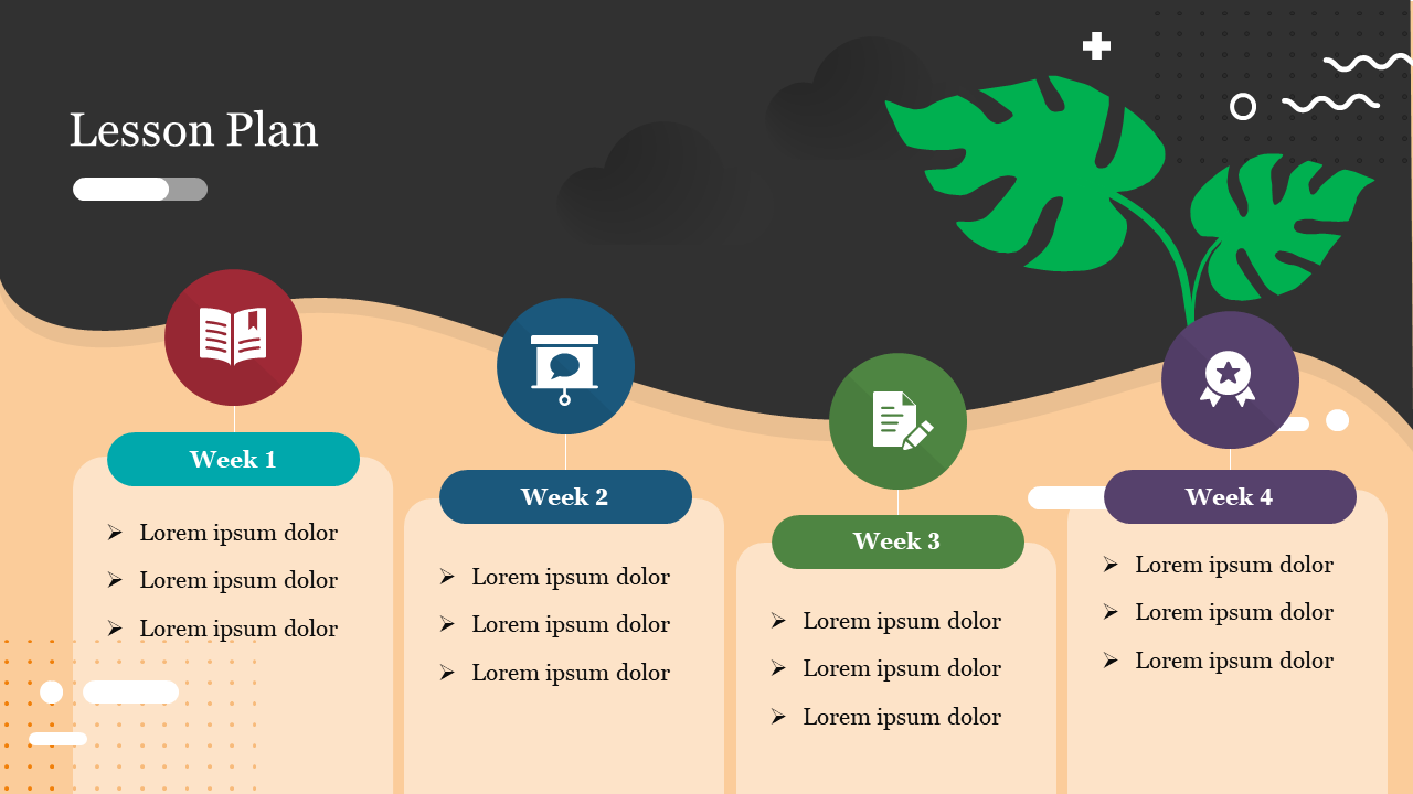 Lesson plan PowerPoint slide showcasing a weekly schedule with icons for reading, presentations, writing, and awards.