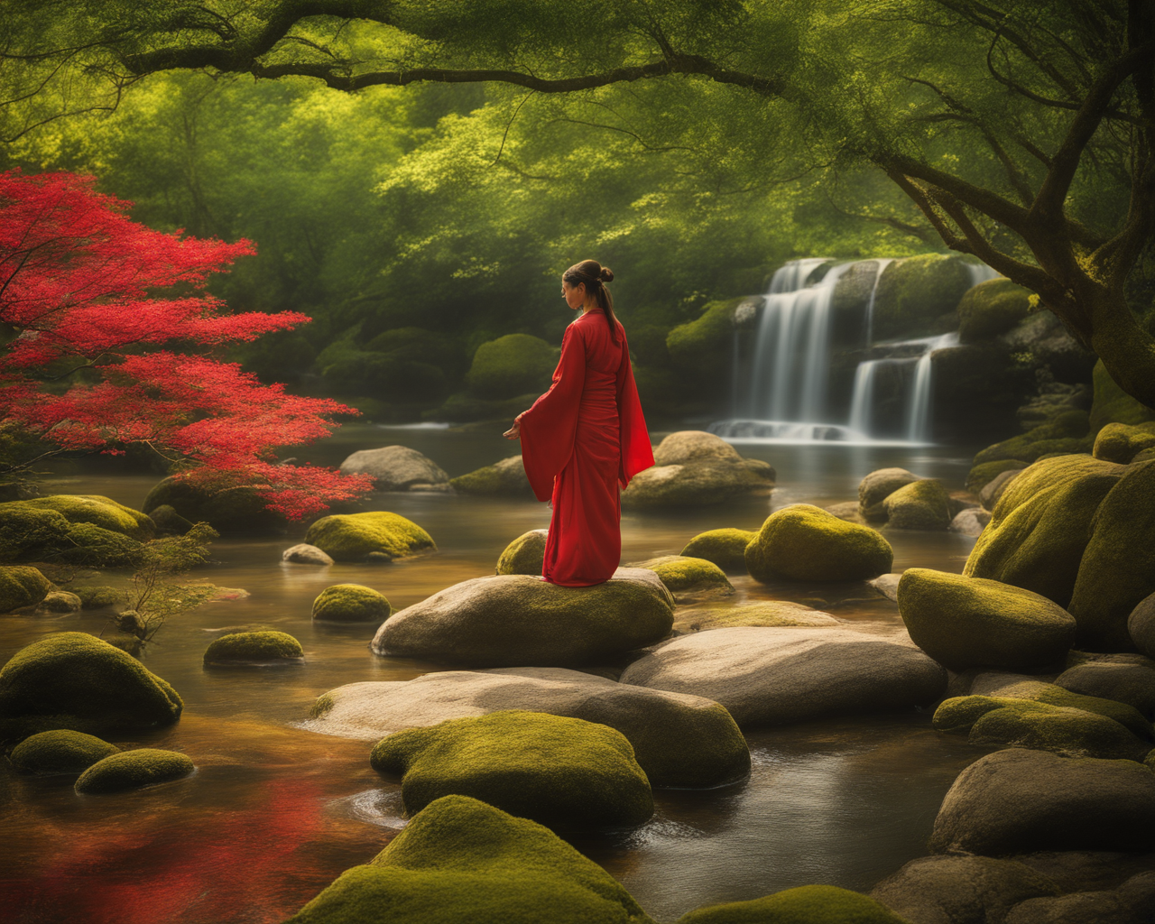 A person in a red dress standing on rocks in a stream with a waterfall

AI-generated content may be incorrect.