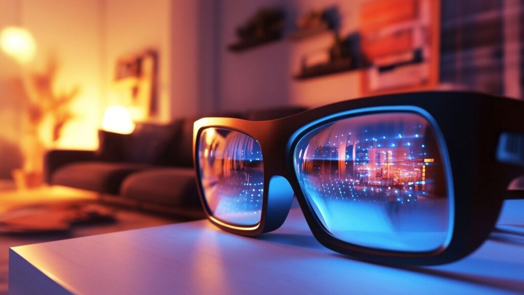 High tech glasses displaying augmented reality content at home