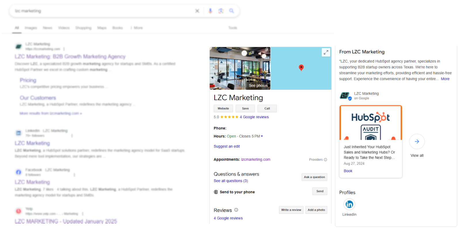 Google search results featuring a marketing agency with a Google Business Profile, highlighting the importance of local SEO in off-page SEO.