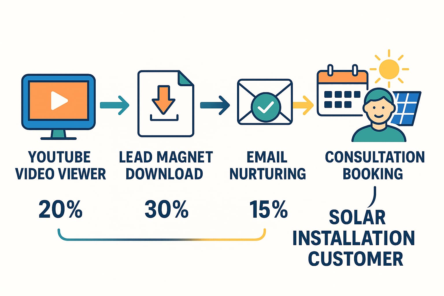 Solar lead generation funnel showing how YouTube marketing strategies convert potential customers into exclusive solar leads through digital marketing.