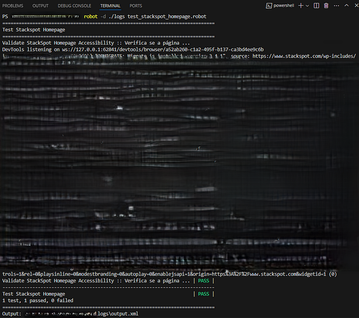 Terminal do VS Code após adição do teste em modo headless, onde na foto aberta temos o log do terminal com trechos da execução sendo realizada com sucesso.