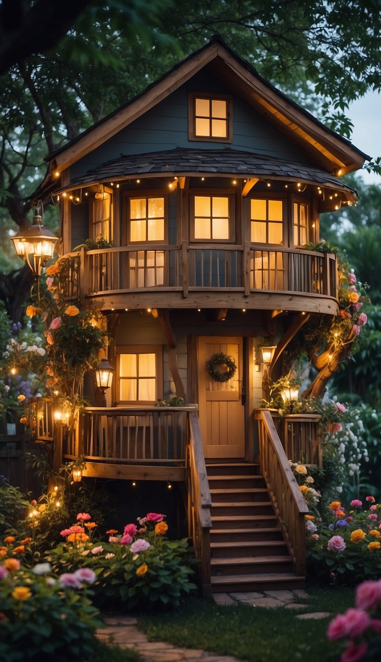 A charming treehouse nestled in a lush backyard garden, surrounded by colorful flowers, twinkling fairy lights, and whimsical decorations