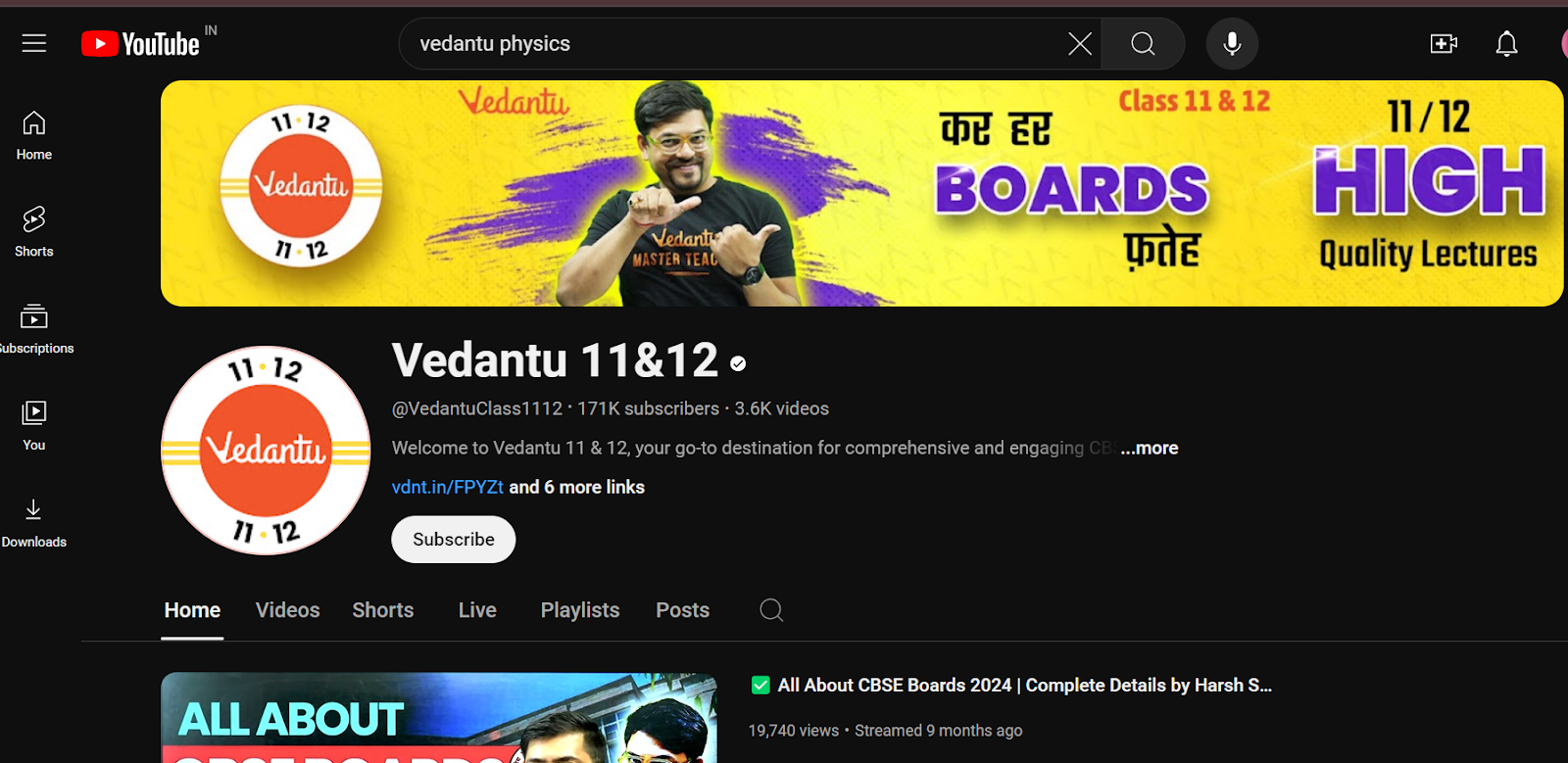 image of vedantu youtube channel