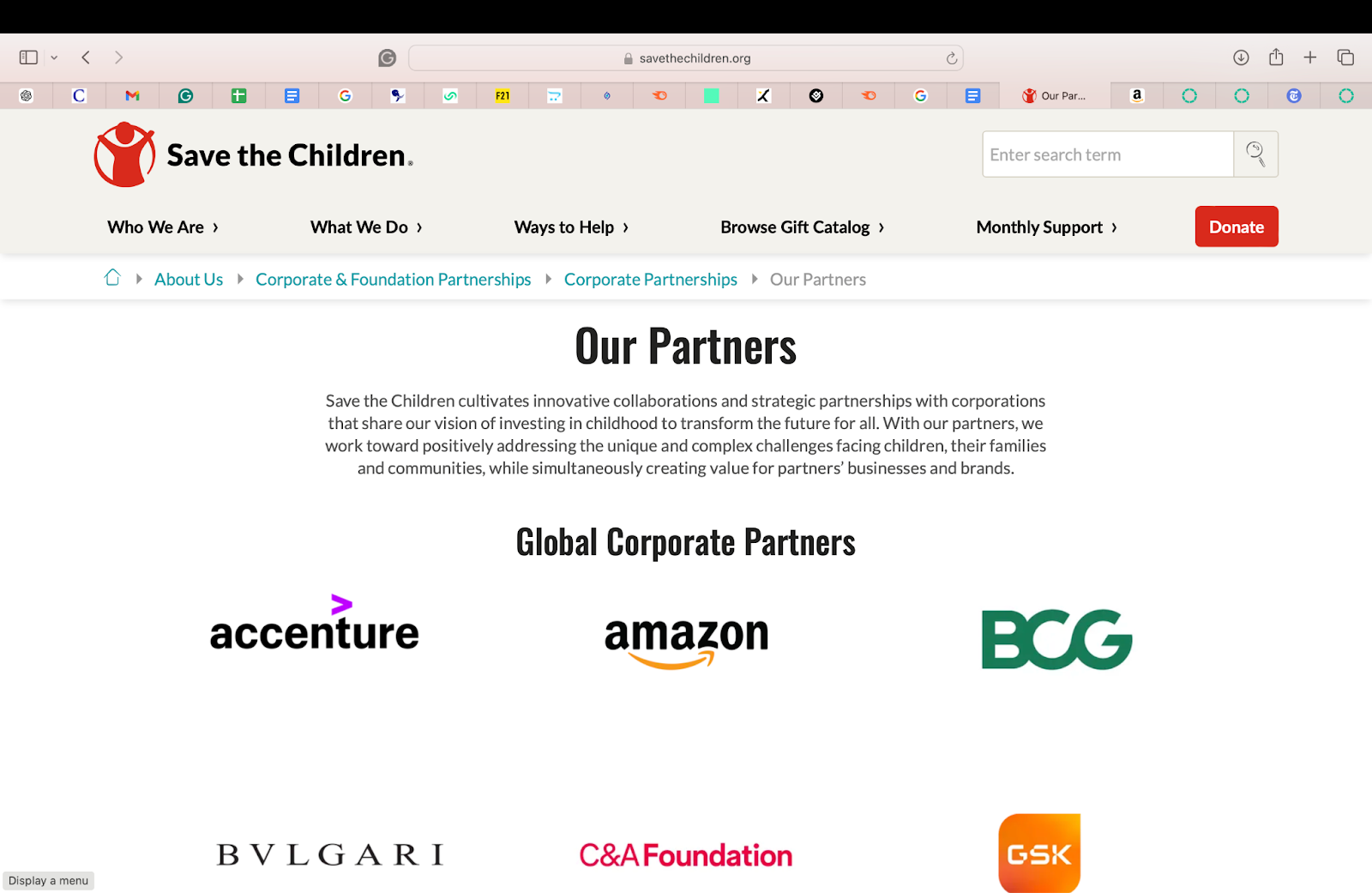 Screenshot of Partners page by Save the Children 