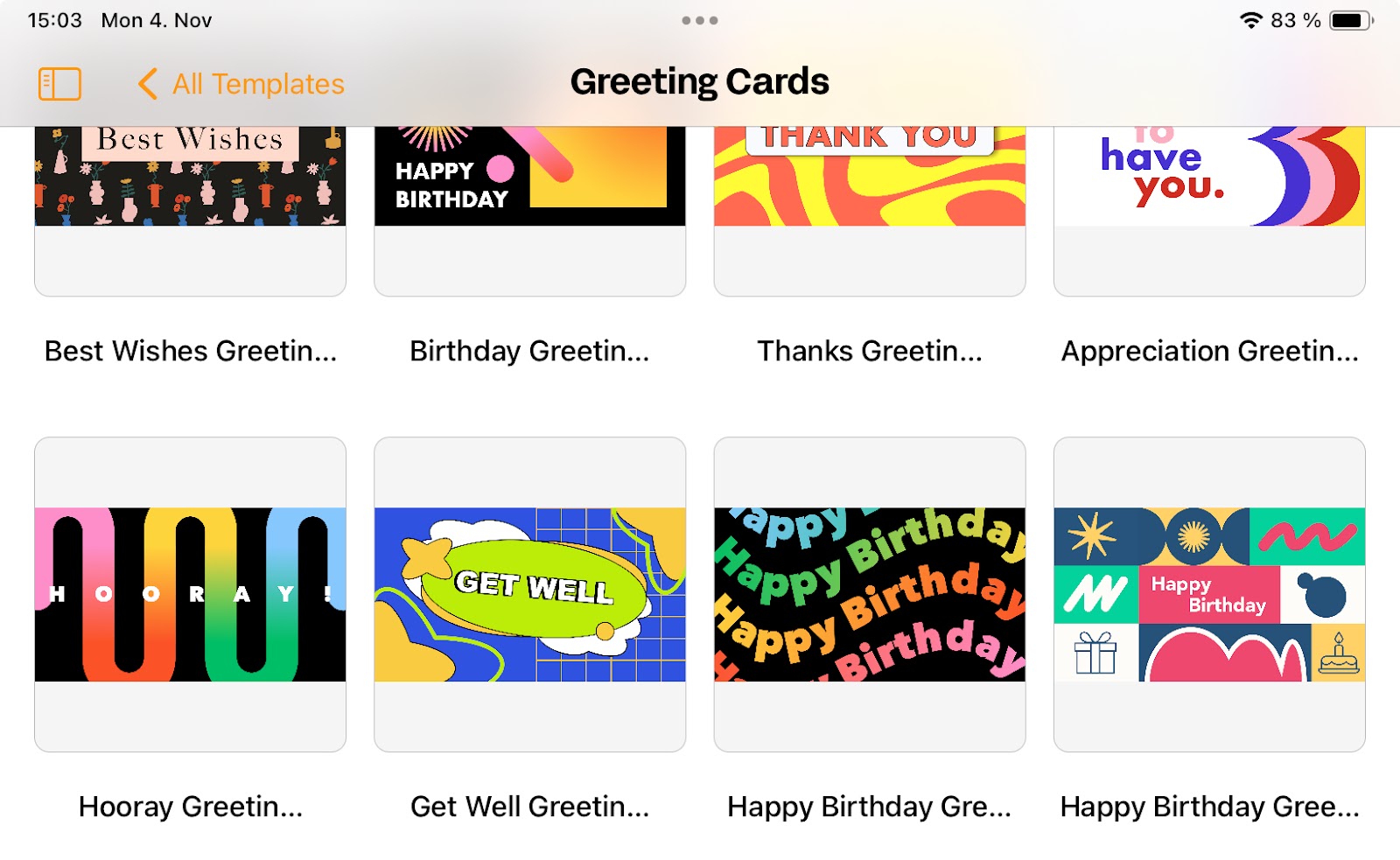 Greeting card templates displayed, including options like Best Wishes, Happy Birthday, and Get Well cards, in colorful designs.